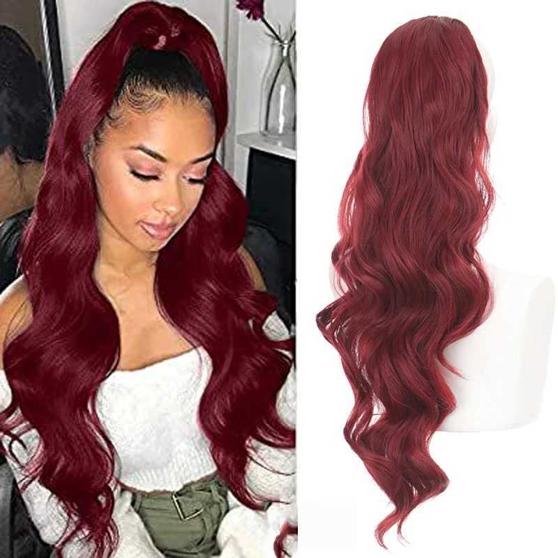 DIFEI Long Red Drawstring Wavy Ponytail Hair Synthetic Ponytail Extension African American for Women Wavy PonytailXJ241221