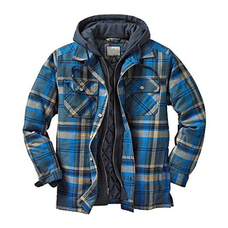 Autumn and Winter Mens Plaid Jacket Thickened and Cotton Printed Hooded Jacket Mens Harajuku Casual Warm Fake Two-piece Jacket 241216