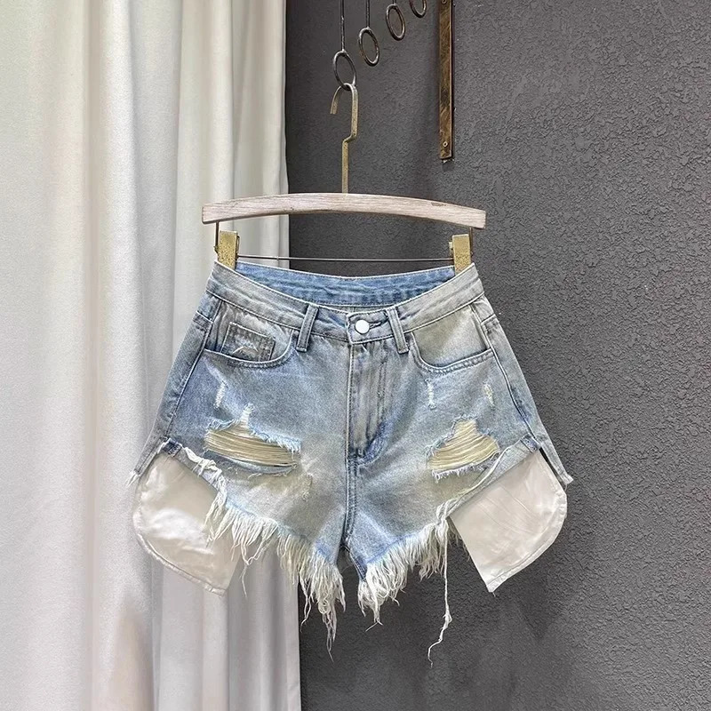 2025 Women Highwaisted Lightcolored Holes ned Denim Shorts Female Ashaped Ripped Jeans sxl pink blue 241218