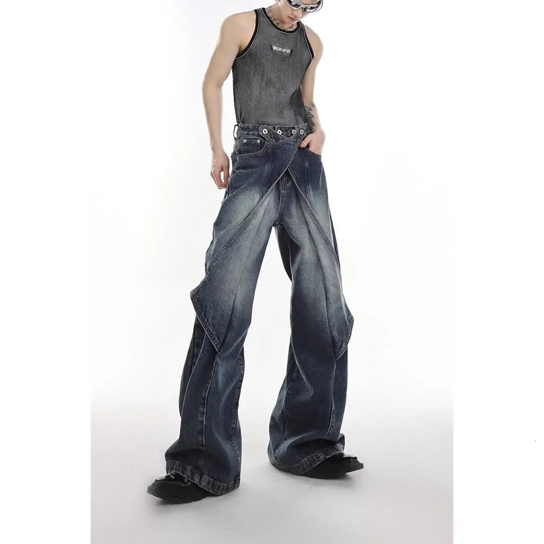 Hip Hop Goth Ripped Jeans for Men Retro Washed Baggy Patchwork Cut Flared Denim Pants Straight High Waist Streetwear 241218