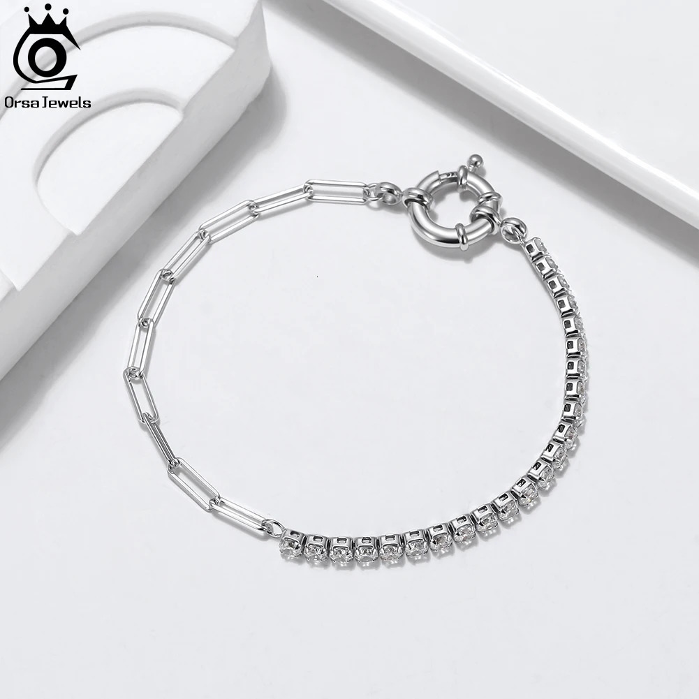 ORSA JEWELS 925 Sterling Silver Paperclip Chains Tennis Bracelet for Women Cubic Zirconia Chain Bracelet Fashion Jewelry SB119 241220