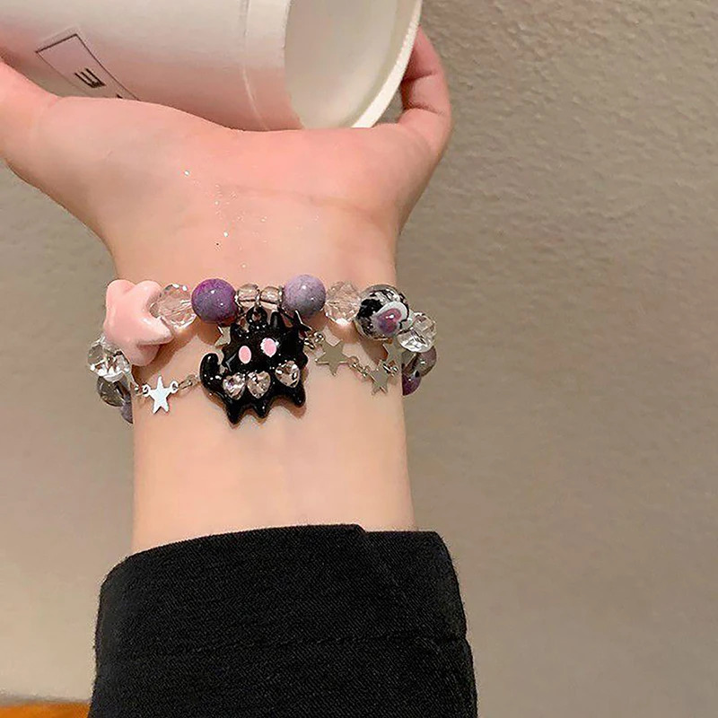 Black Cat Heart Rhinestone Pentagram Star Beads Bracelet For Women Aesthetic Sweet Cool Trendy Jewelry Korean Fashion Gift 241214