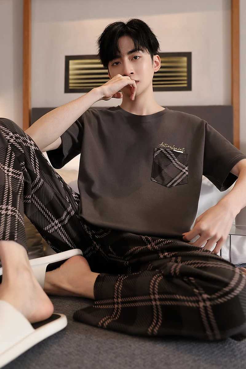 SUKAE Elegant Mens Sleepwear Summer Knitted Cotton Casual Sleepwear Mens O-neck Short sleeved Pants Sleepwear Set W241221