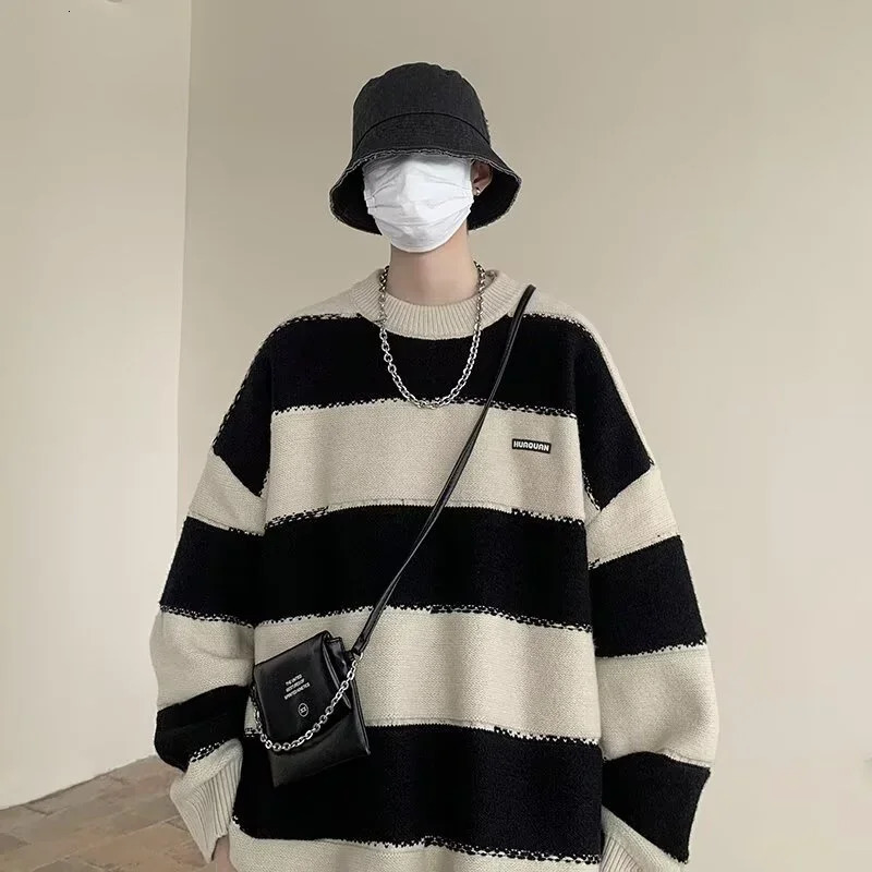 Autumn Appliques Patchwork Striped Sweater Male Y2K Vintage Pullover Knit Jumpers Winter Loose Knitwear pull homme 241220