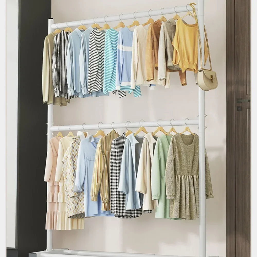 Floor Hanger Simple Rolling Clothes Rack Living Room Wardrobe Shoerack Shelves Double Layers Coat Hanger Stand Home Furniture