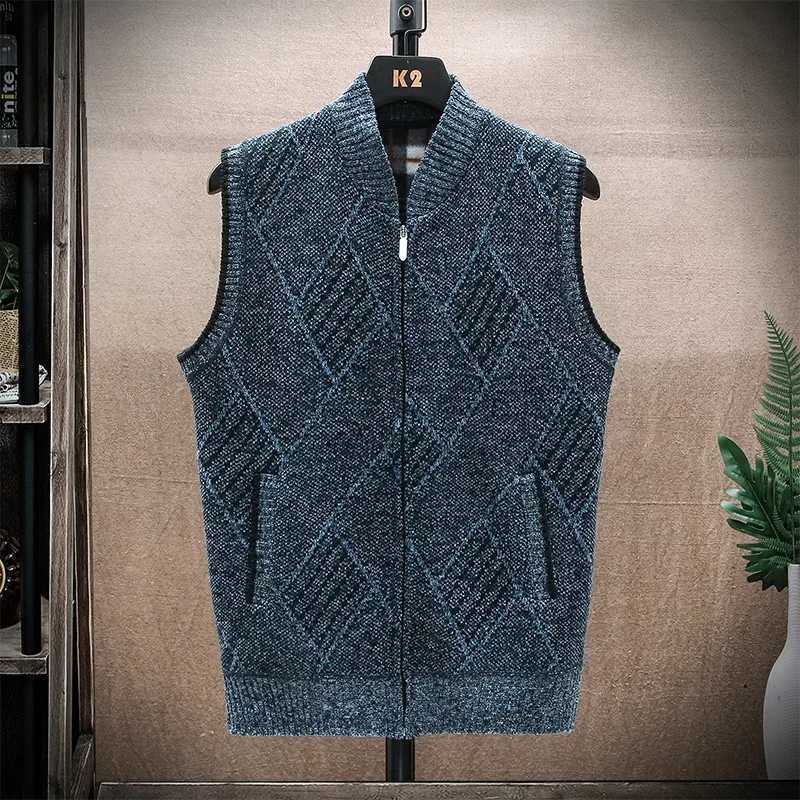 Men Wool Sweaters Vest 2024 Autumn Winter Fleece Warm Casual Zipper Cashmere Sleeveless Solid Sweater Knitted Veste Men ClothesXJ241221