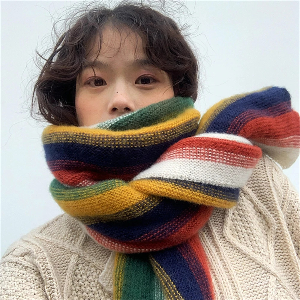 Rainbow Knit Scarf for Women Winter Thick Cashmere Stripe Shawl and Wrap Fashion Warm Streetwear Girls Foulard Wool Scarves 241220