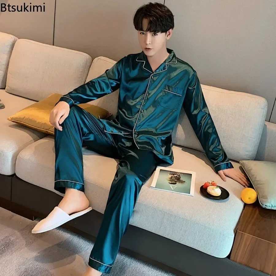 High quality mens casual pajamas set fashionable satin long sleeved lapel top and pants Homewaer set mens comfortable lounge pajamas W241221