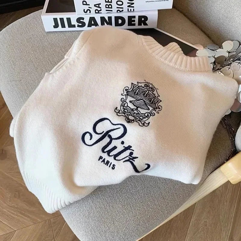 Letters Embroidery Pullover Sweater Spring/Summer Womens Round Neck Long Sleeve Knitted Jumper Womens Casual Top 241219