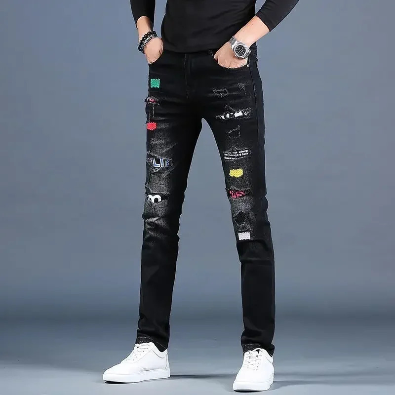 Trousers Ripped Black Jeans for Men Graphic Male Cowboy Pants Broken Tight Pipe with Holes Skinny Slim Fit Torn Trend Goth 241218