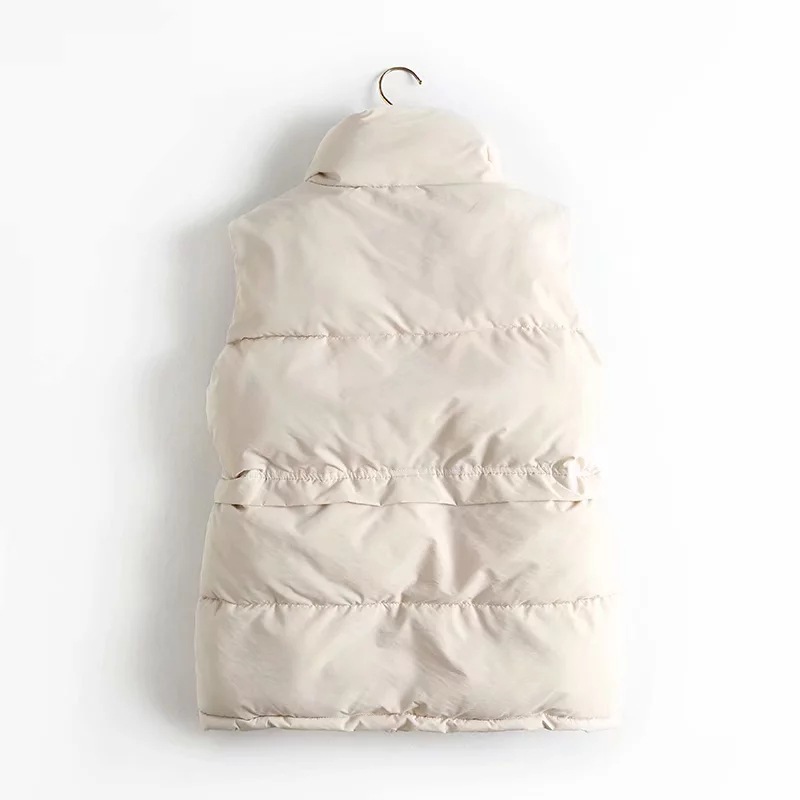 Autumn Winter Women Solid Loose Vest Drawstring Stand Collar Long Vest Jacket Cotton Padded Women Windproof Warm Waistcoat