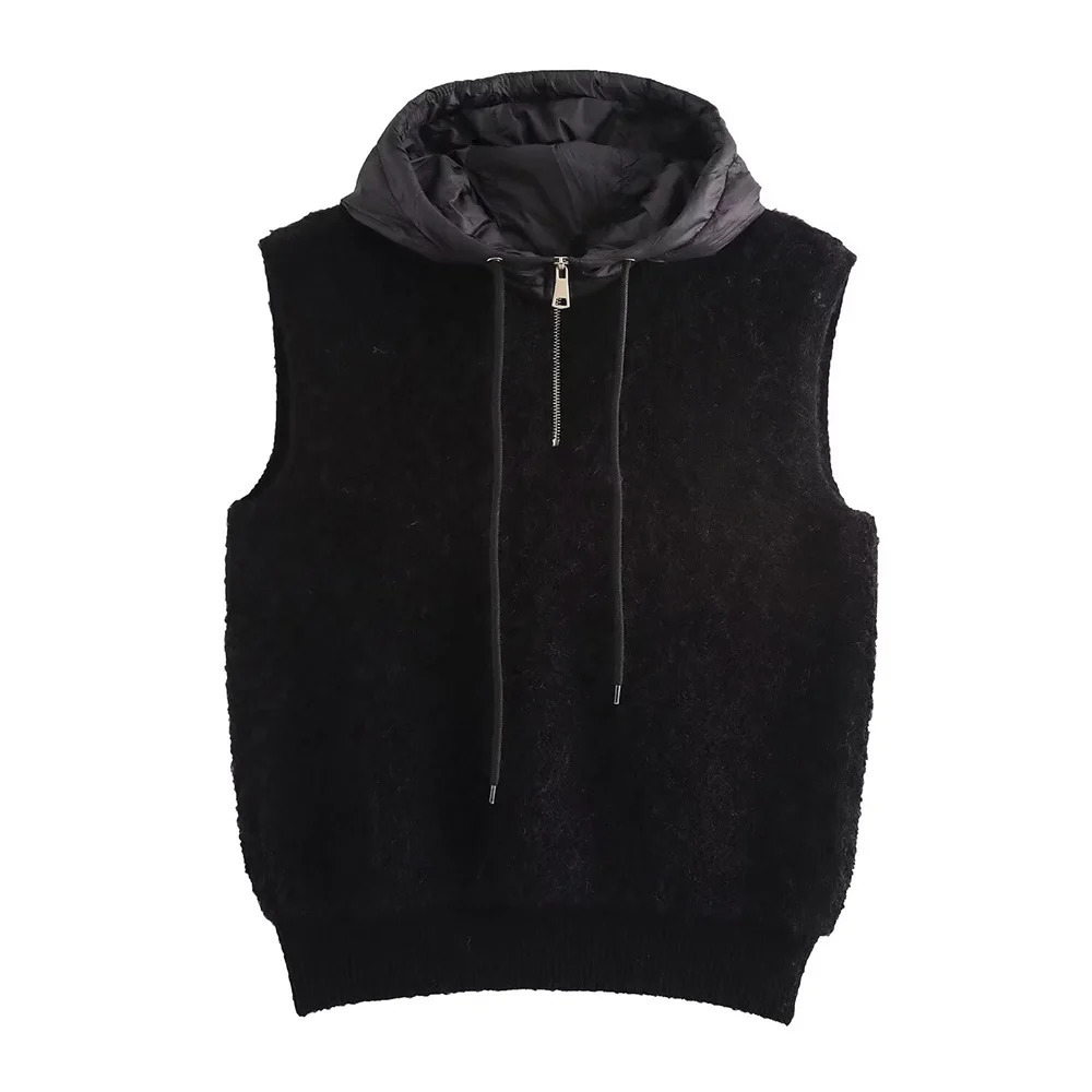 Autumn fashionable womens clothingcasual and elegant n European American style hooded knitted vest 241218