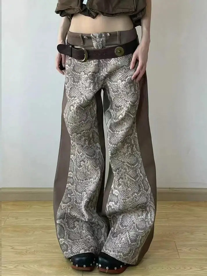 American Retro Spice Washed Snake Print Stitching Baggy High-Waisted Jeans Y2K Harajuku Hip Hop Goth Casual Joker Mop Pants 241220