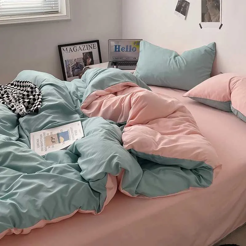 100% Cotton Pink Bedding Set Nordic Chic Duvet Cover Flat Sheet Pillowcase Soft Comforter Cover Bed Linen Boy Girl Home Textiles Y240730