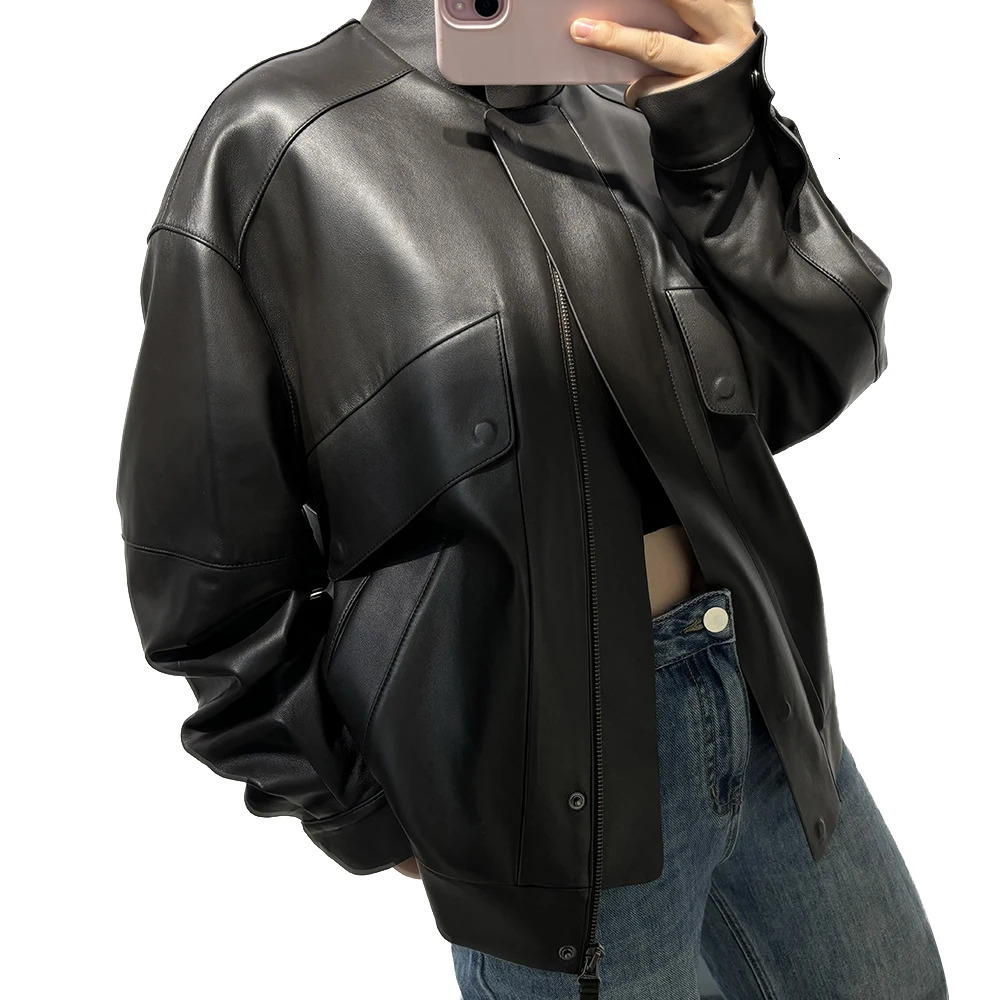 YOLOAgain Womens Real Leather Jacket Oversized Sheepskin Coat Autumn Outerwear 241216