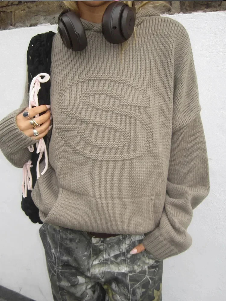 Europe United States autumn and winter warm letter knitted hooded sweater long sleeved for womens loose fit. 241219