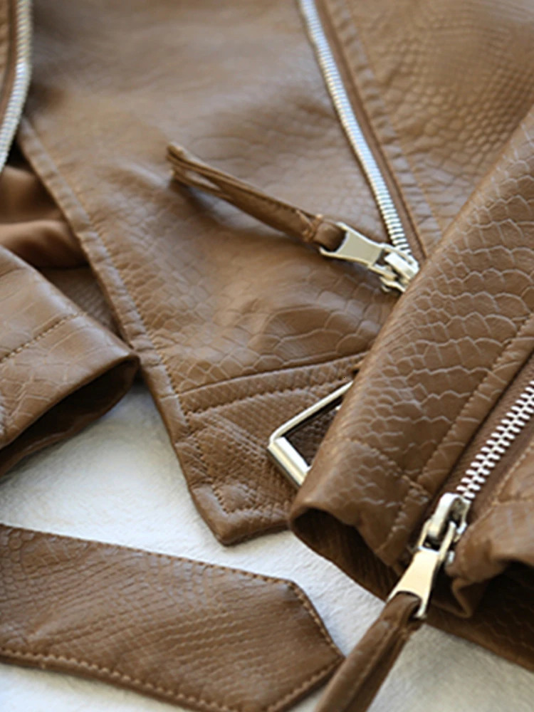 Ftlzz Spring Autumn Women Faux Leather Jacket Slim Streetwear Khaki Coat Biker Moto with Belt Female Outerwear 241216