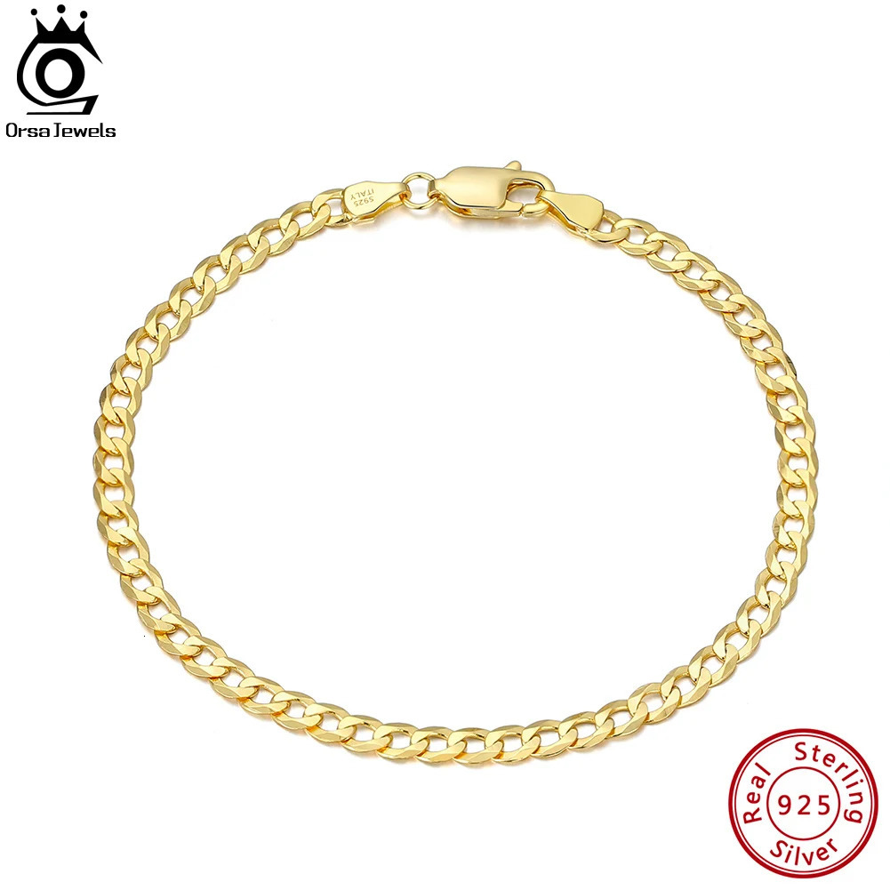 ORSA JEWELS 925 Sterling Silver 3mm Cuban Link Curb Chain Bracelet Gold Italian Cuban Bracelet Jewelry for Men Women SB123 241220