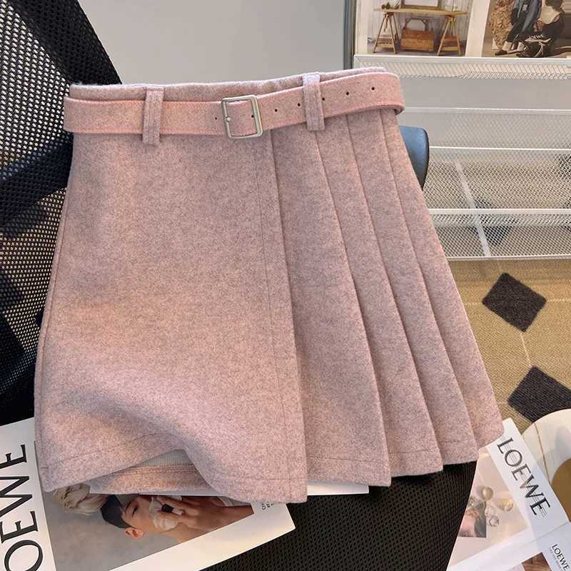 Pink Woolen Mini Skirt for Winter Women High Waisted Pleated A-line Woolen Skirt Korean Ele Pleated Short SkirtXJ241221