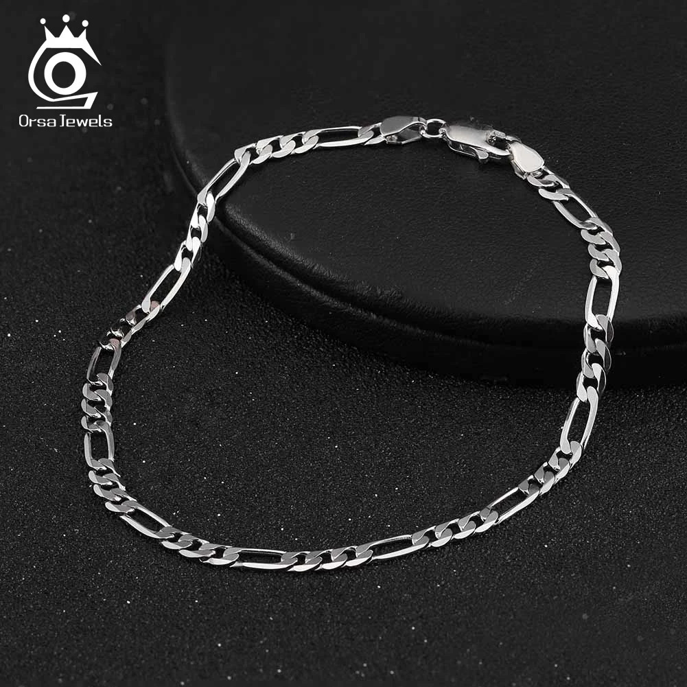 ORSA JEWELS Exquisite 925 Sterling Silver 3.3mm Diamond-Cut Figaro Chain Bracelet for Women Vintage Style Bracelet Jewelry SB66 241220