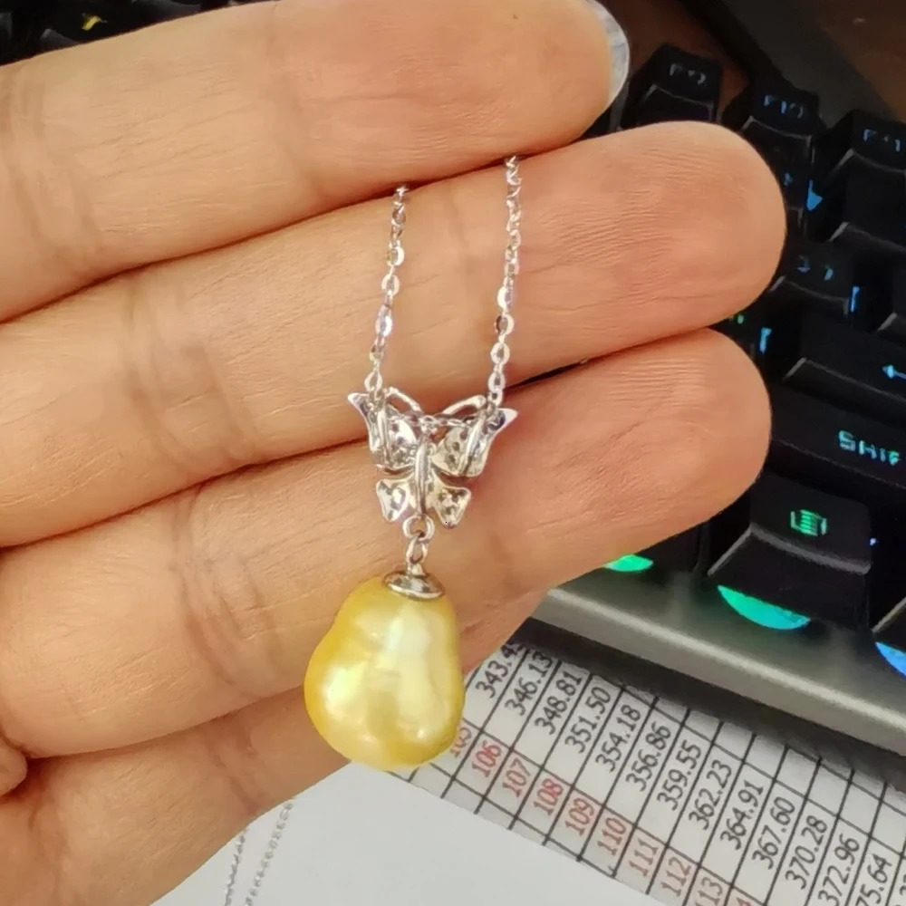 Special Price Limit Purchase 10mm Natural Golden Pearl Butterfly Pendant Necklace 925 Silver Fine Wedding Jewelry for Women 241220