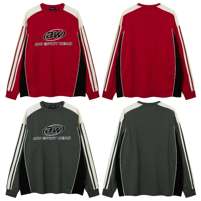 Spring Autumn Long Sleeve T Shirt Men Hip Hop Streetwear Oversized Women Retro Side Striped Round Neck Sweatshirt 241217