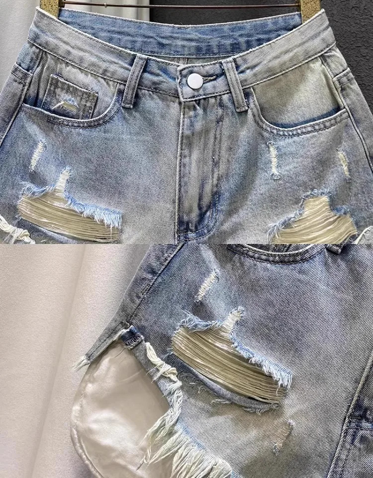 2025 Women Highwaisted Lightcolored Holes ned Denim Shorts Female Ashaped Ripped Jeans sxl pink blue 241218