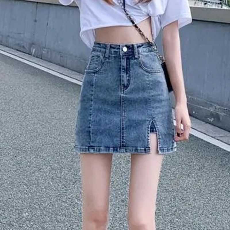 Korean High Wiast Denim Mini Skirt Women Sexy Hot Girl Tight Bag Hip Skirts Fe Slim Anti-Glare Short Split Skirts JK Y2KXJ241221