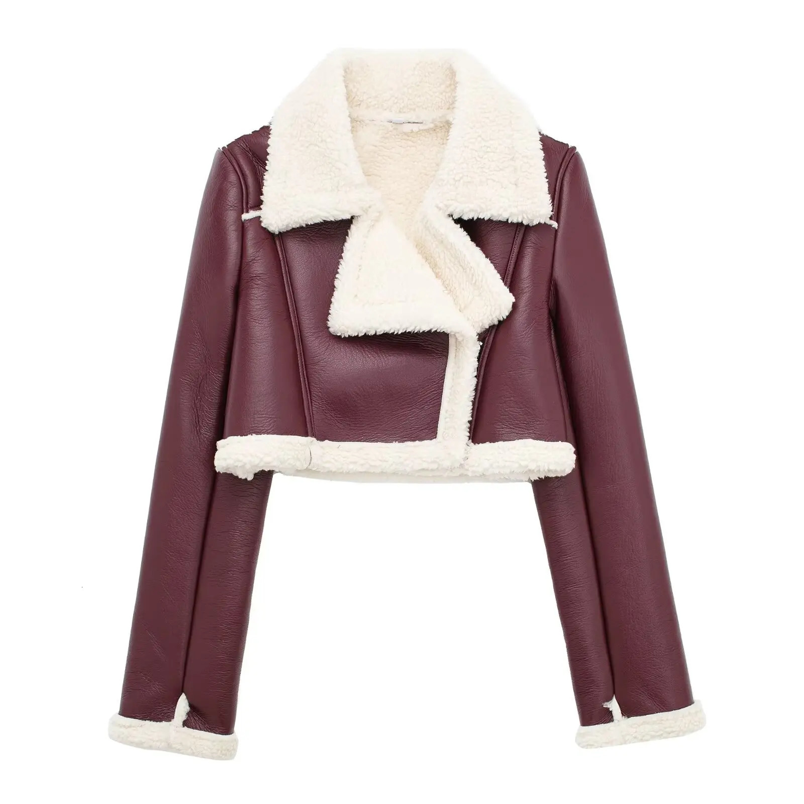 Women Double Faced Biker Jacket Faux Leather Warm Lambswool Thicken Tabbed Lapel Female Short Coat PU Outerwear 241216