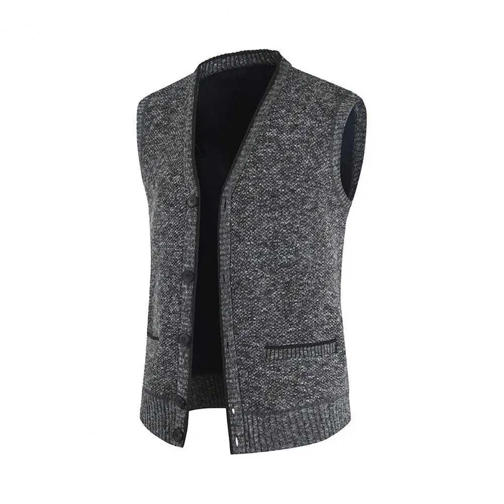 Men Sweater Vest V Neck Single-breasted Sleeveless Buttons With Pockets Elastic Thick Solid Color Knitted Top Sweater Male CoatXJ241221