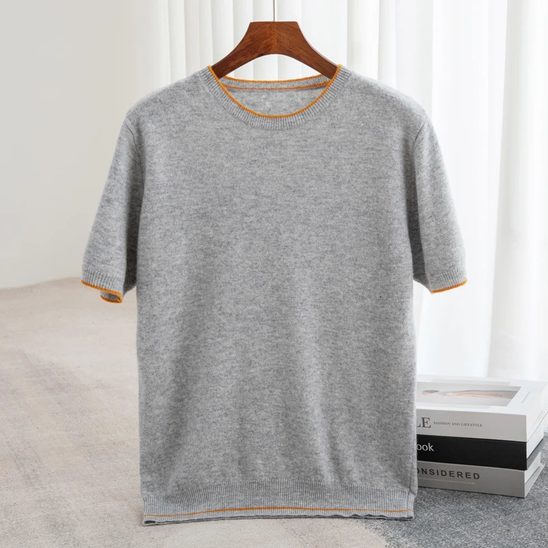 Mens Tshirt Summer Knitted Tank Top Fashion Color Block Round Neck Pullover Sweater 100% Pure Wool Short sleeved 241217
