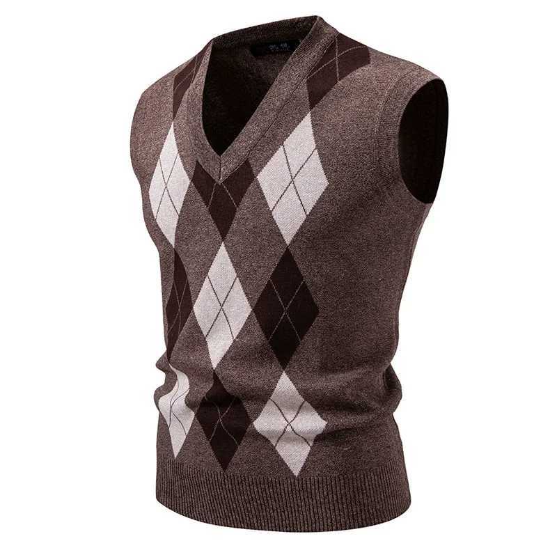 Autumn and Winter New Knitted Vest V-neck Diamond Grid Pullover Sweater Vest Mens SweatersXJ241221