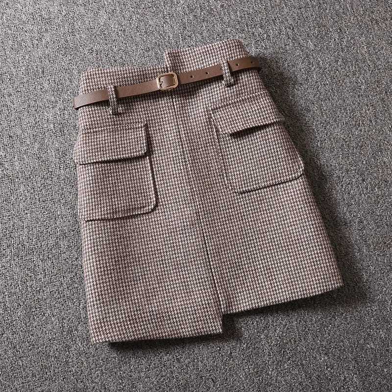 Chic Plaid Thick Woolen Mini Skirts Women Winter New 2023 High Waist Slim Double Pockets Black Gray Faldas jer OLXJ241221