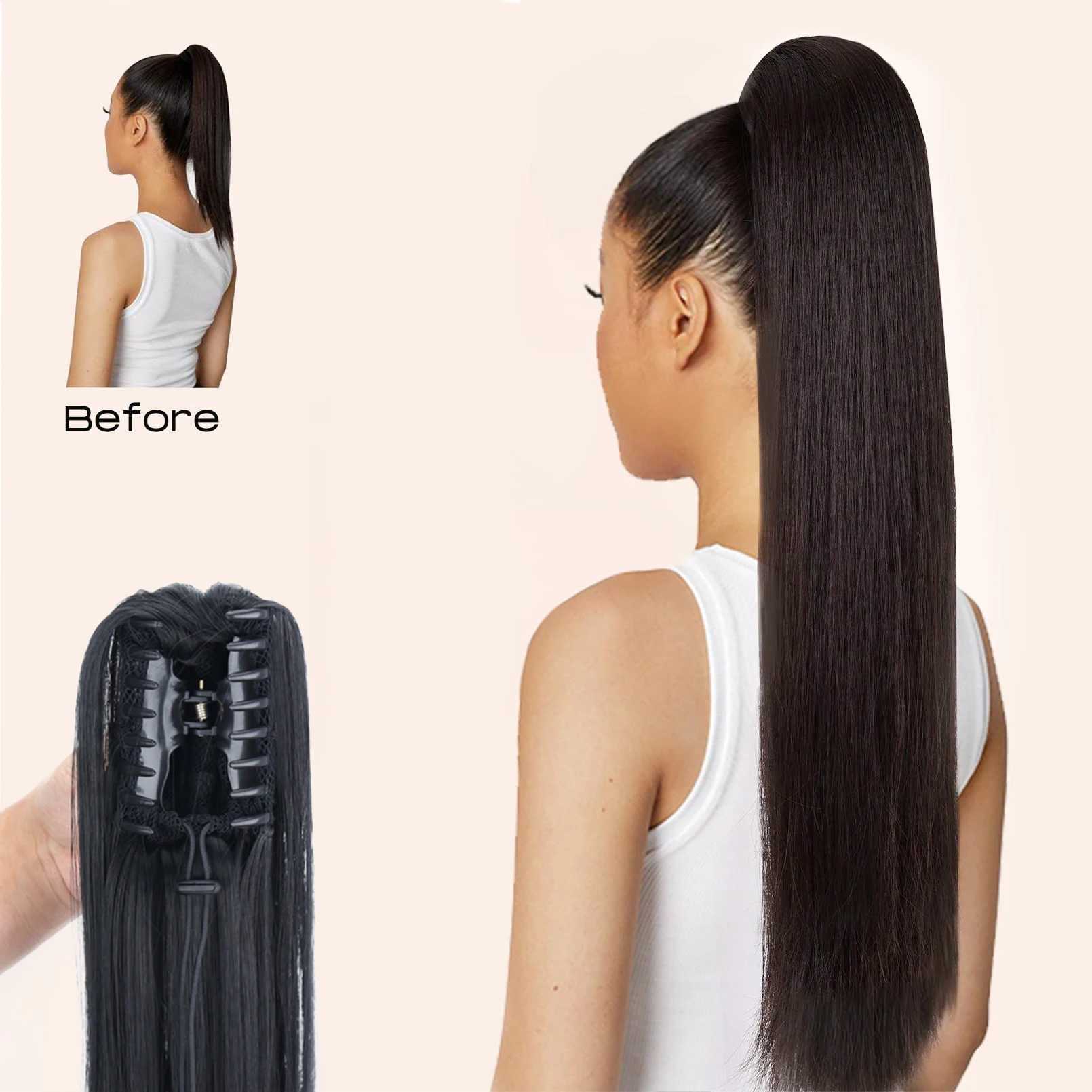 Synthetic Claw Clip Ponytail Hair Extension 24Inch Long Straight Ponytail Hair For Women Black Brown Pony Tail Hair HairpieceXJ241221