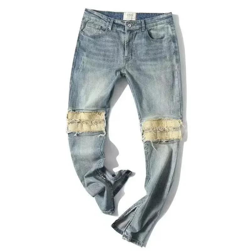 Male Cowboy Pants Punk Broken Jeans For Men Slim Fit Trousers Ripped Skinny Torn Tight Pipe With Slits Holes Stylish Denim 241218