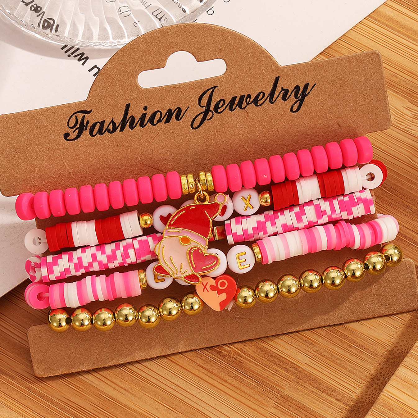 Valentine's Day Pink Heart Charm Elastic Bracelet with Soft Clay Beads 2025 Fashion Letter Jewelry Set Party Birthday Gifts