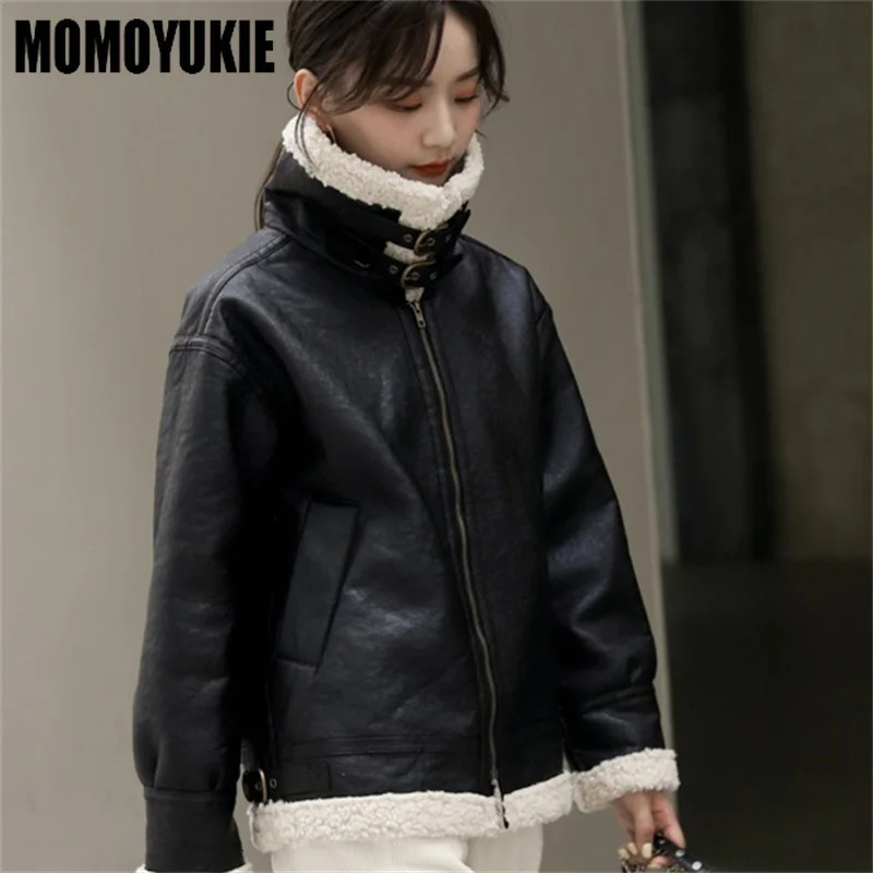 Winter Style Casual Loose Women Streetwear Faux Lamb Leather Fur Short Jacket Moto Biker Thick Warm Sheepskin Coat 241216