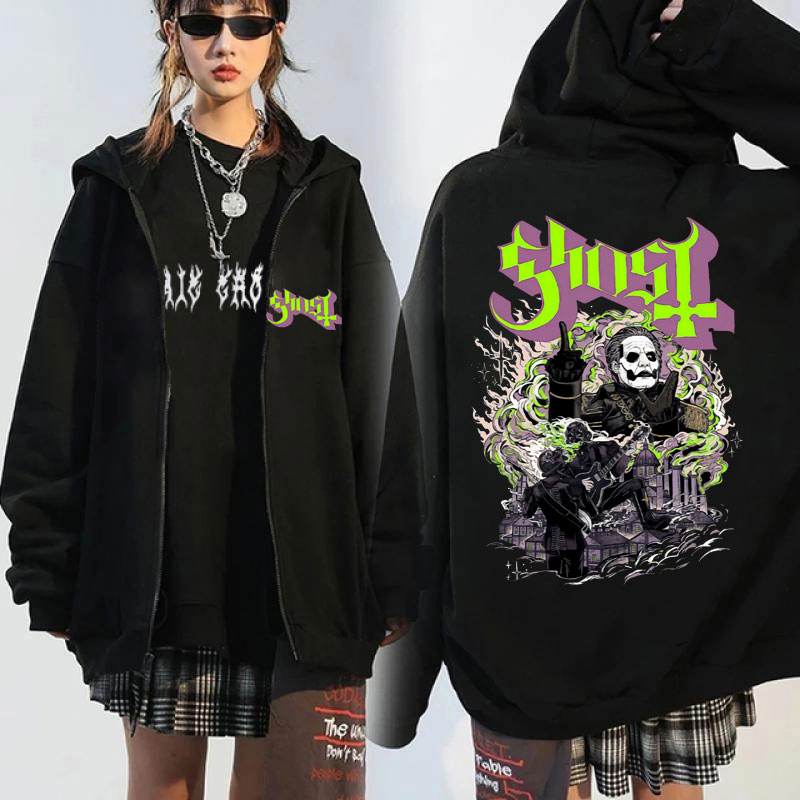 Vintage Ghost Band Seven Inches of Satanic Panic Album Graphic print Hooded zip-up Men's clothing Hip hop Goth sweatshirt jacket