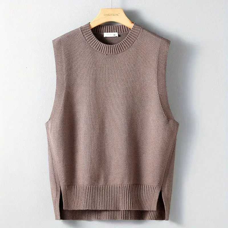 Sweater Man O-Neck Knit Vests for Men Slit Loose Solid Color Waistcoat Clothing Deals 2024 Korean Reviews Clothes High QualityXJ241221