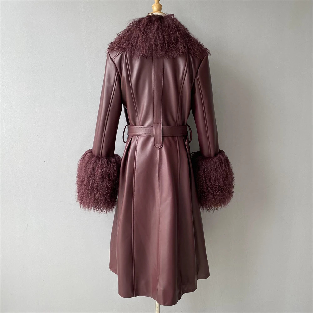 Jaxmonoy Womens Real Leather Coats with Mongolian Sheep Fur Collar Ladies Autumn Winter Long Style Sheepskin Coat 241216