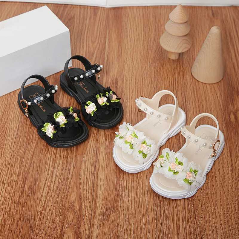 Sneakers Childrens Sandals Summer Princess Lace Bow 2024 New Girls High Heels Little Girls Soft Sole Sandals Black Pink H241221