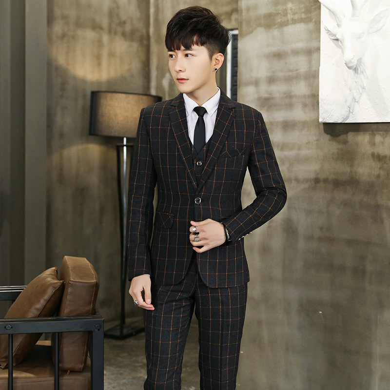 F1221Groom and best man suit five piece checkered suit