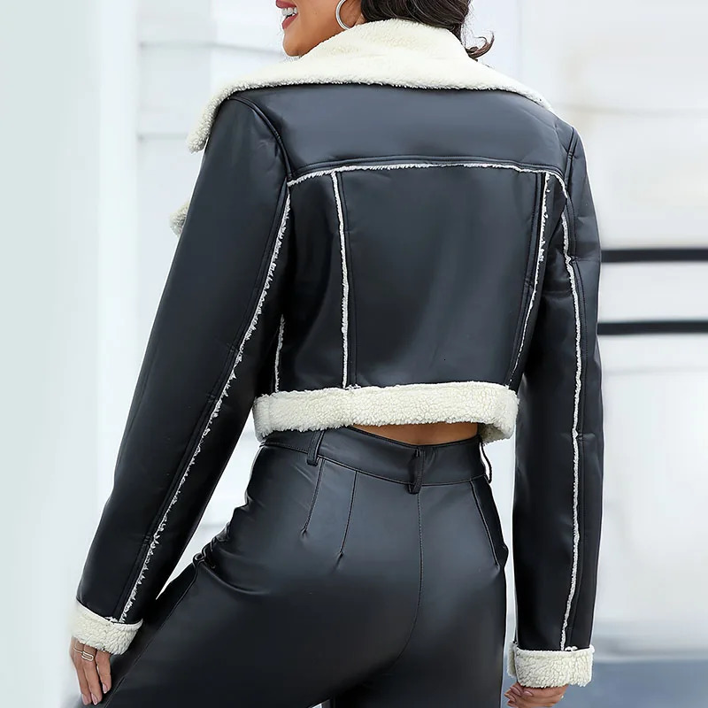 Autumn Winter Women Faux Lamb Leather Fur Short Jackets Lady Moto Biker Zipper Coats Thicken Warm Female Vintage Outerwear 241216