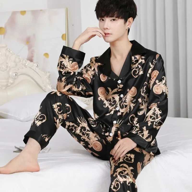 Luxury brand silk sleepwear mens long sleeved button up shirt long pants sleepwear set home casual wear Korean style loose sleepwear new W241221