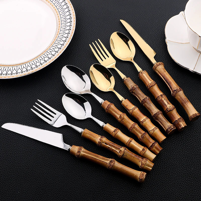AJOYOU Gold Tableware Set 16/24 Kitchen Mirror Stainless Steel Tableware with Bamboo Handle Knife Fork Spoon 241220