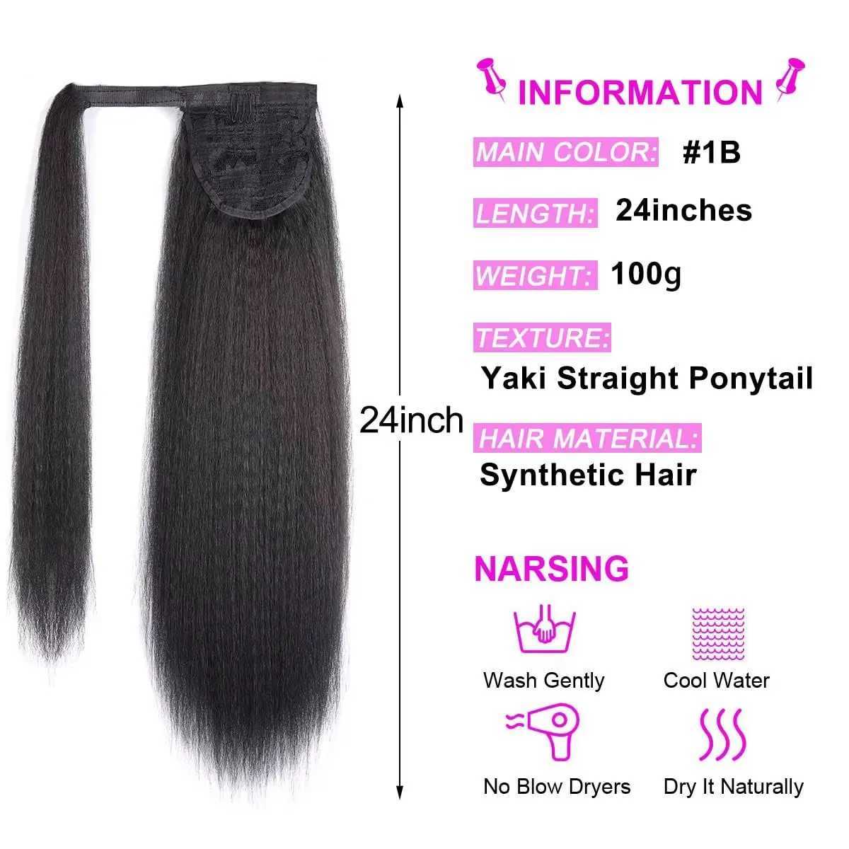 Synthetic Kinky Straight Ponytail Extension for Black Women 24 Long Yaki Wrap Around Magic Paste Ponytail Extension HairpieceXJ241221