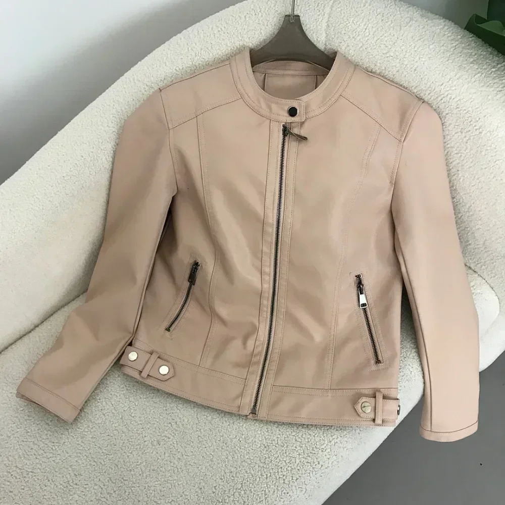 Faux Leather Jacket Women PU Spring Autumn Style Round Neck Casual Fashion Versatile Trendy Motorcycle 241216