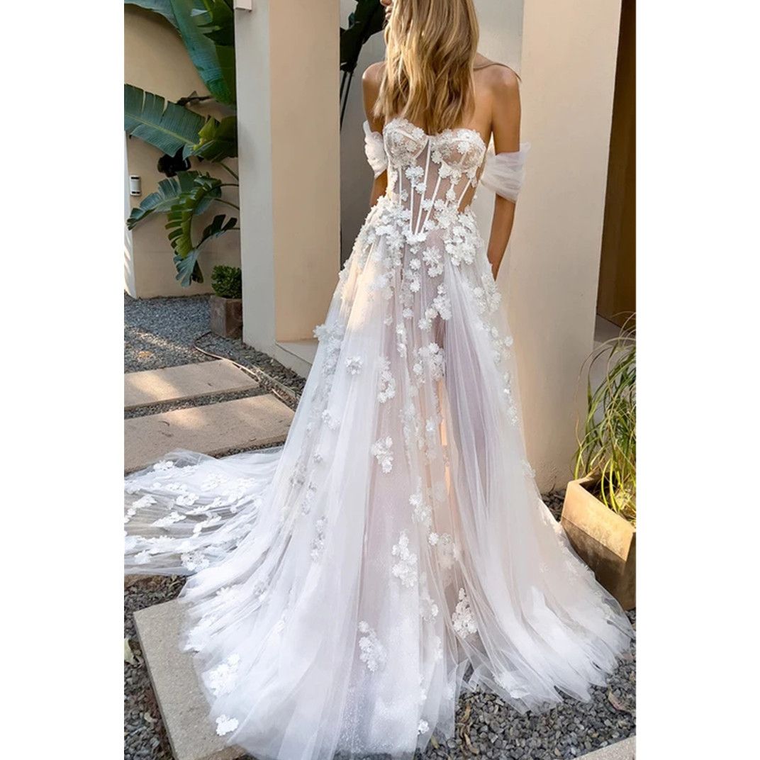 Off The Shoulder Floral Lace Wedding Dresses Beach Women Illusion Back Appliques V-Neck A-Line Bridal Gowns Tulle Vestido De Novia