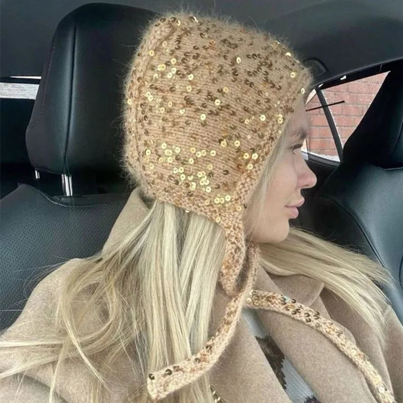 Ins Sequined Pullover Beanies Cap for Women Autumn and Winter Warm Versatile Ear Protector Cute Lace-up Knitted Hat 241214