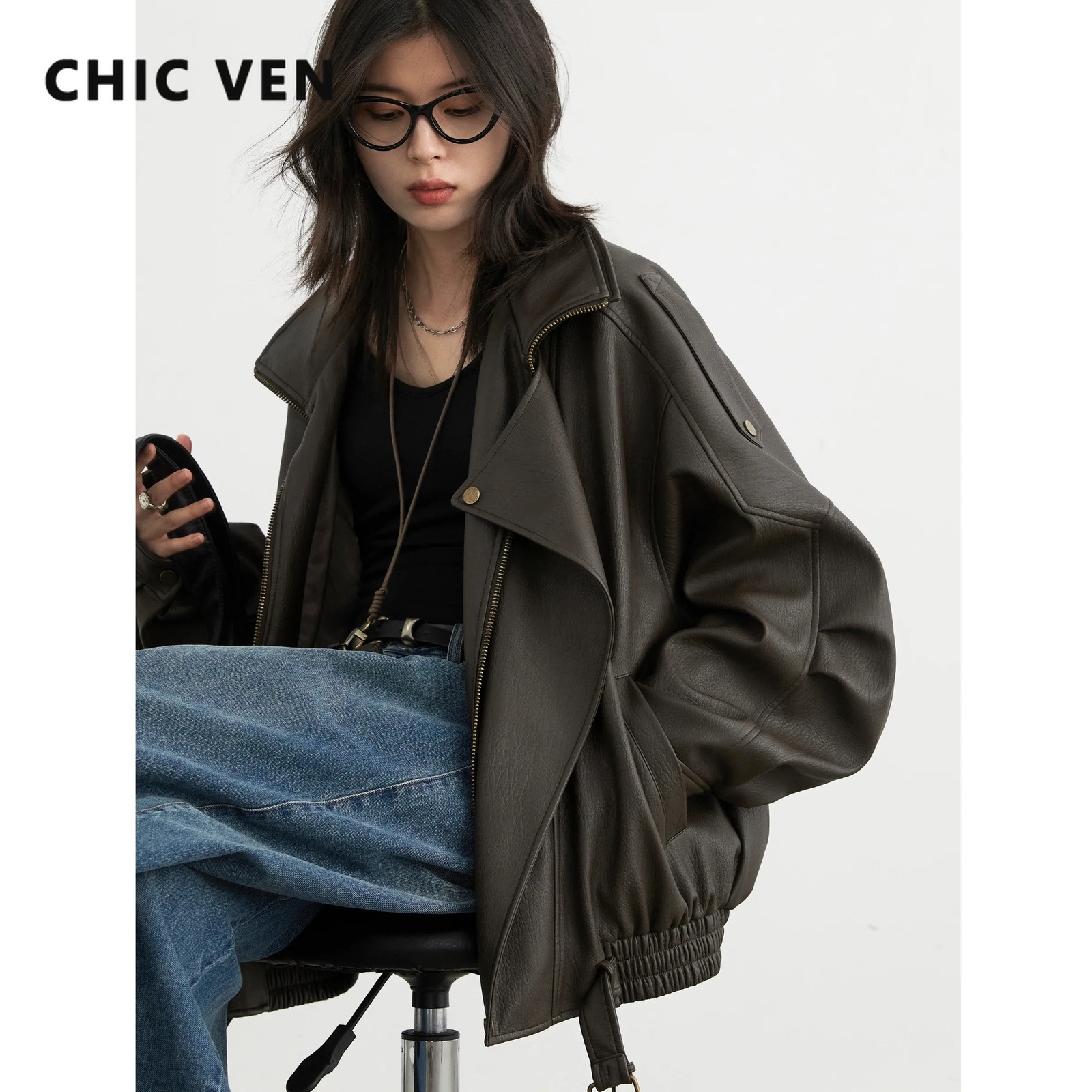 CHIC VEN Female PU Jacket Solid Loose Retro Standing Collar Motorcycle Faux Leather Coat Top Spring Autumn 241216